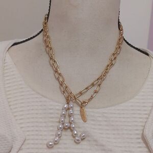 Plunder Letter A Initial Faux Pearl Pendant Gold Tone Long Necklace